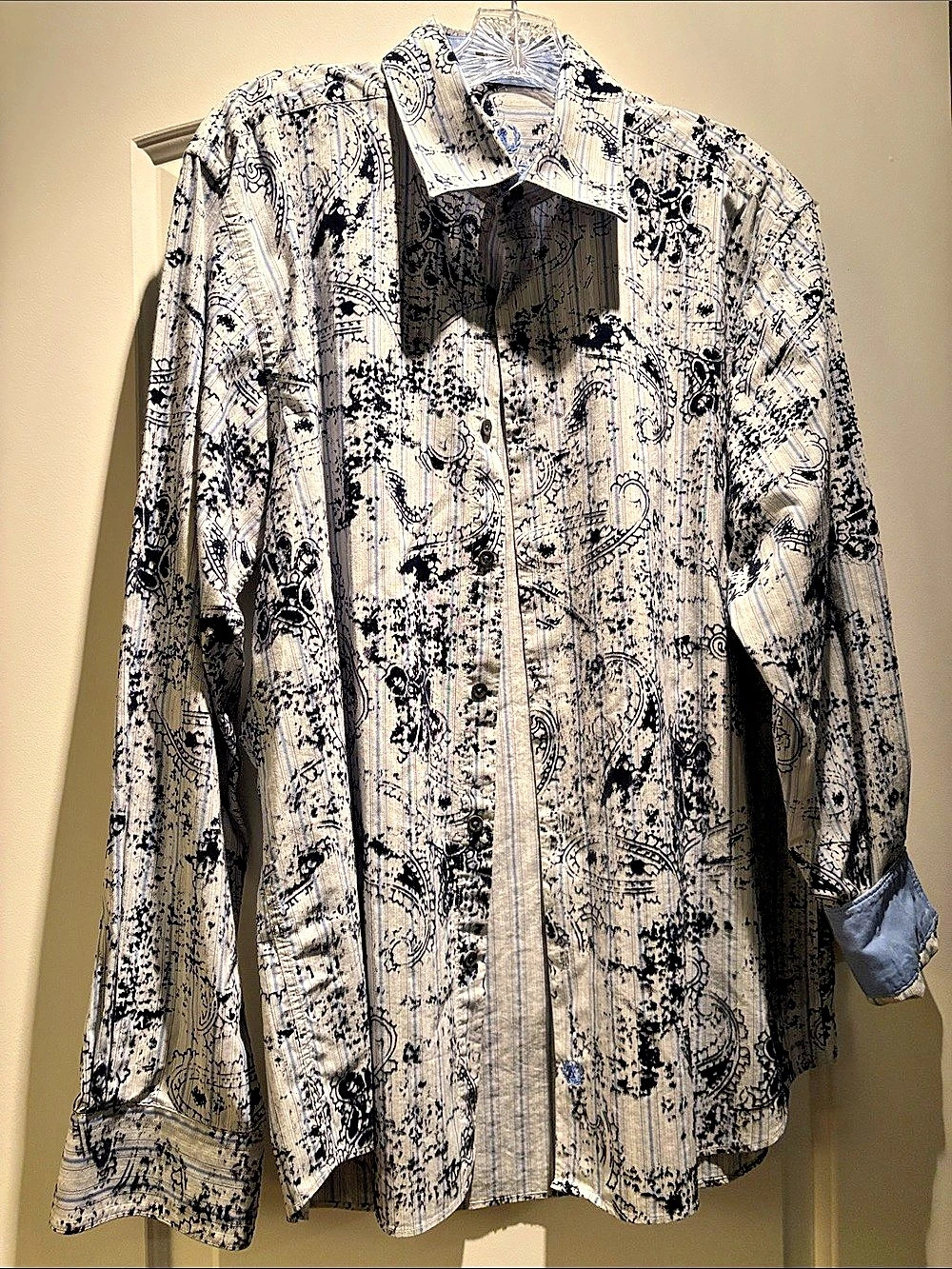 BURBERRY Men's Abstract Print Button Down in White & Blue